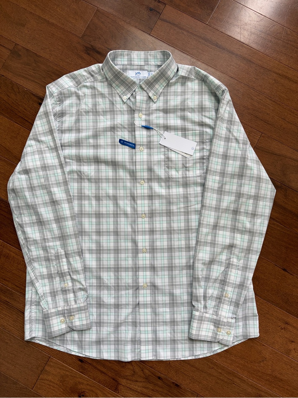 Southern Tide Men's Light Green and White Plaid Button-Down Shirt